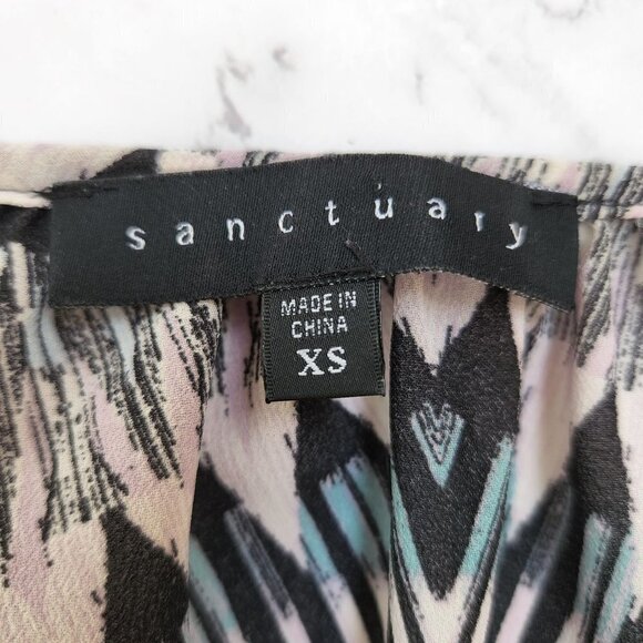 Sanctuary Sheer Chiffon Pastel Geometric Pleated Hem Long Sleeve Blouse Top XS - Picture 7 of 9